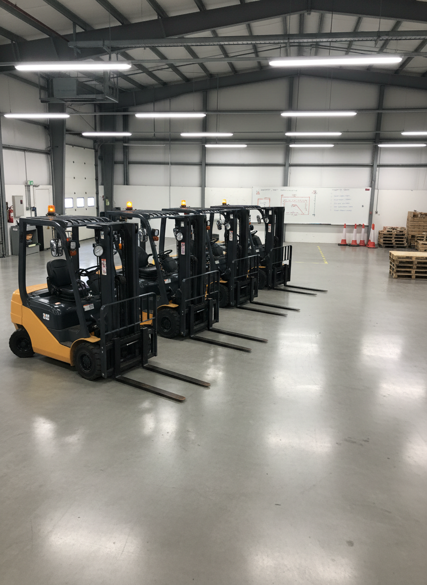 An expansive forklift training classroom within a warehouse-style facility, viewed in photographic realism, shows several forklifts parked in a row, carefully spaced with forks lowered to the ground for safety. Each vehicle is equipped with visible safety features such as overhead guards, mirrors, and warning lights. The polished concrete floor reflects the cool, even glow of industrial LED lighting suspended from high ceilings. In the background, a whiteboard and neatly arranged safety cones, pallets, and barrier tapes create a sense of structured instruction. The atmosphere is orderly and focused, with a wide-angle, slightly elevated composition that captures the depth of the room, keeping everything in sharp focus to convey clarity, professionalism, and a commitment to safe training practices.