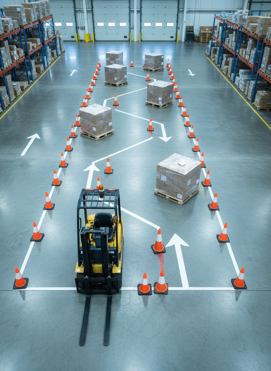 A detailed, photographic overhead view of a forklift training course laid out on a warehouse floor, featuring a zigzag path of bright orange cones, pallets positioned at varying angles, and clearly painted directional arrows. A compact safety-yellow forklift is parked at the course entrance with forks lowered and parking brake engaged, emphasizing proper practice. Even, slightly cool warehouse lighting reveals subtle textures in the concrete, the scuffed cone bases, and the wooden pallet surfaces. The top-down composition captures the entire training layout clearly, creating a clean, instructional diagram-like feel. The mood is organized and methodical, ideal for illustrating structured forklift training scenarios and safe maneuvering exercises in a professional setting.