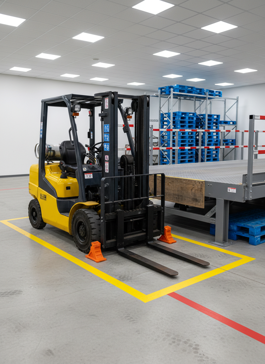 A realistic photographic scene shows a forklift simulation station inside a dedicated training bay, featuring a full-size forklift parked beside a mock loading dock constructed from robust metal and wood. Clearly marked safety lines, wheel chocks, and barrier rails define the practice area. Cool, neutral overhead lighting provides uniform illumination, highlighting the forklift’s control levers, dashboard indicators, and safety decals in crisp detail. The smooth concrete floor, stacked practice pallets, and racking system in the background are slightly softened with moderate depth of field. Framed from a three-quarter front angle, the composition feels structured and technical, evoking a focused, professional atmosphere that emphasizes hands-on learning and meticulous safety procedures without showing any human operators.
