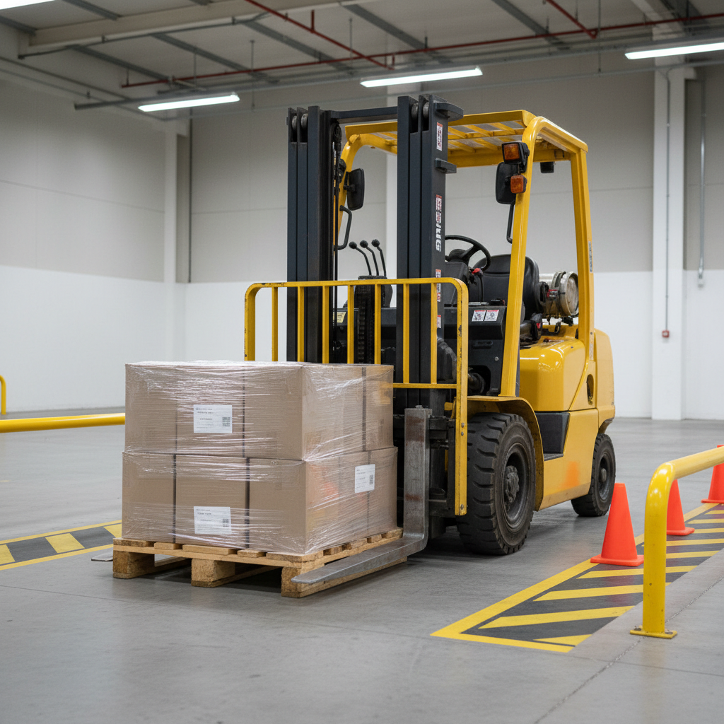 A close-up, photographic view of a forklift training area shows a sturdy safety-yellow forklift positioned beside a perfectly stacked pallet on a level concrete floor. The image focuses on the detailed forks aligned precisely with the pallet openings, safety cage bars, and emergency stop features. Bright, diffused overhead lighting minimizes harsh shadows, revealing every texture in the painted metal, worn rubber tires, and smooth wooden boards. Around the scene, traffic cones, painted hazard lines, and a low barrier rail suggest a controlled training scenario. Shot from a slightly low angle to emphasize the equipment’s structure, the composition is clean and instructional, creating a calm, methodical mood suitable for a professional training website.