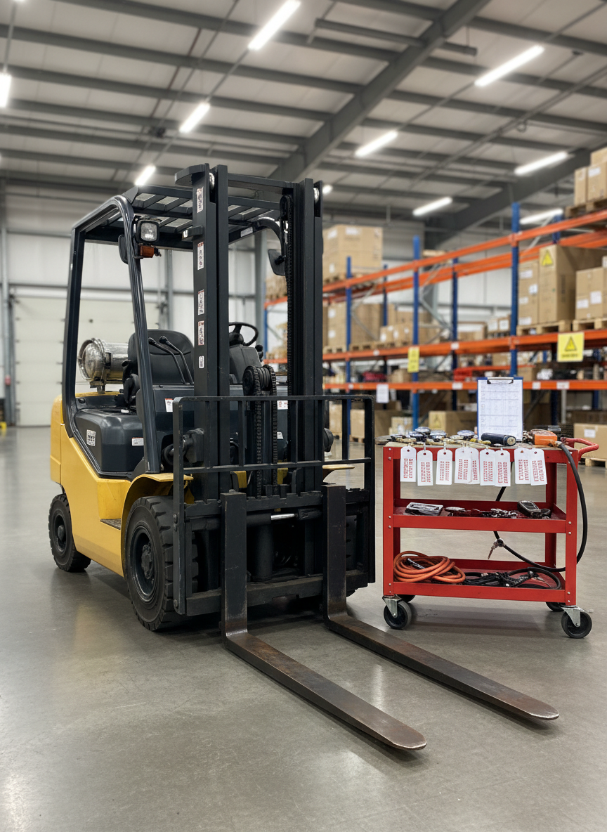 A highly realistic photographic image of a forklift pre-use inspection setup shows a stationary forklift parked on a smooth warehouse floor, with its forks lowered and steering wheels straight. Nearby, a metal tool cart and a neatly arranged row of non-branded inspection tags, gauges, and a digital tire pressure checker rest on a sturdy workbench. Overhead LED lights produce bright, neutral illumination, revealing every detail in the forklift’s hydraulic hoses, mast, warning labels, and safety cage. The background includes softly blurred shelving and safety signage, reinforcing a training environment. Shot at a slight angle from the front corner of the forklift, the composition emphasizes the inspection points, creating a serious, safety-focused mood appropriate for professional training services.